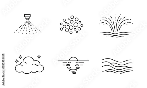 Line style icons of seawater aerosol generation: fine mist nozzle, saline cluster dot set, ascending spray band, luminous cloud
