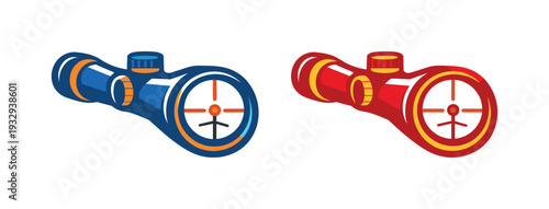 Two-Color vector icons of focused optical sight: tube-lens arc, curved eyepiece ring, soft grip contour, balanced viewer sweep;