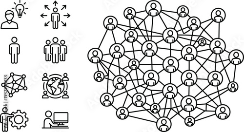 Abstract Social Media Network Structure with Connected User Icons Global Communication Technology Vector Line Art Illustration