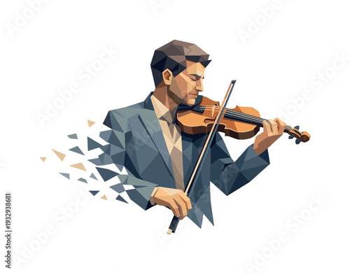 Low-poly vector illustration of a violinist completing the bow sweep in controlled follow-through, bow lowered slightly with