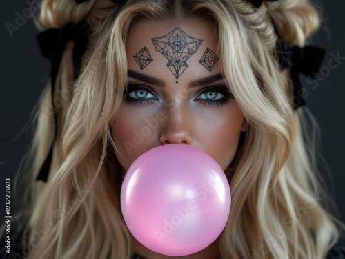 Rebellious Glam: Ultra-Realistic Portrait of an Edgy Blonde Woman with Dramatic Makeup, Forehead Tattoos, and Pink Bubblegum – Moody Lighting, Unique Style