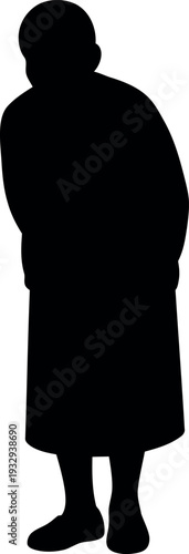 Silhouette of Elderly Woman Standing Alone on White Background for Senior Care Concepts