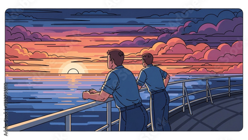 Two men standing on a pier watching the serene sunset over the calm ocean waters
