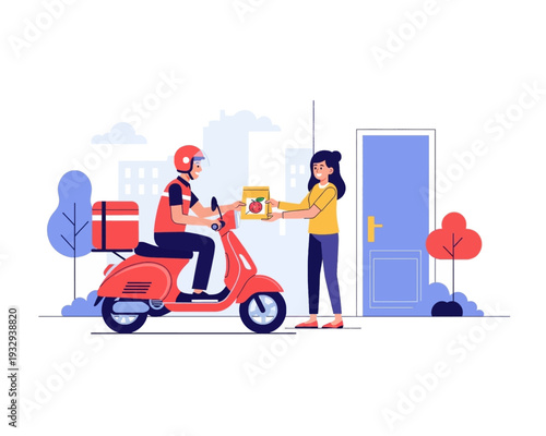 Vector illustration depicts a friendly scooter delivery person handing a packaged order to a smiling customer at a doorway.