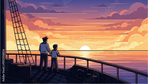 Man and child standing on ship deck watching serene ocean sunset together from railing viewpoint