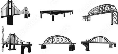 Bridge silhouette illustrations collection isolated on white background architectural construction structures urban transportation landmark vector design set for engineering projects
