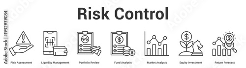 Risk Control web banner icon set vector illustration concept for business with icon of Risk Assessment, Liquidity Management, Portfolio Review, Fund Analysis, Market Analysis, Equity Investment, Ret.