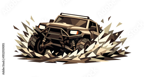 Low-poly vector illustration of an off-road truck at peak resistance within the splash, body pushing through dense angular water