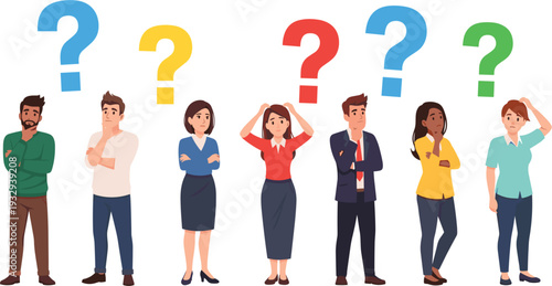 Diverse Group of People Thinking with Colorful Question Marks Vector Illustration for Business FAQ Help Centers Problem Solving and Decision Making Concepts