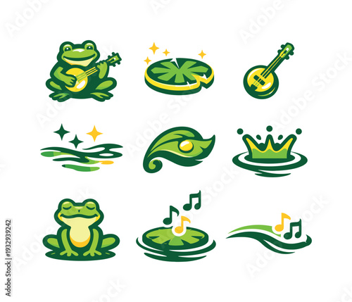 Two-Color vector icons of enchanted pond performers echoing a banjo frog: harmonic frog, luminous pad edge, petite banjo, gentle