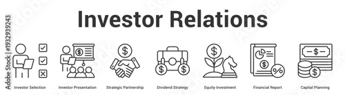 Investor Relations web banner icon set vector illustration concept for business with icon of Investor Selection, Investor Presentation, Strategic Partnership, Dividend Strategy, Equity Investme.