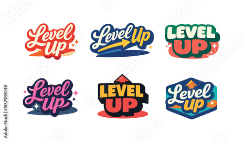 Seasonal holiday banner with promotional slogan presenting modern lettering logo set for Level Up suitable for branding and