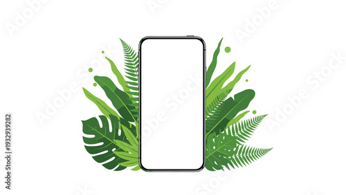 Modern smartphone with a blank white screen is creatively framed by lush green tropical leaves and exotic botanical elements.