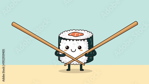 Friendly cartoon sushi roll character with a cute face holding a pair of large wooden chopsticks on a blue background.