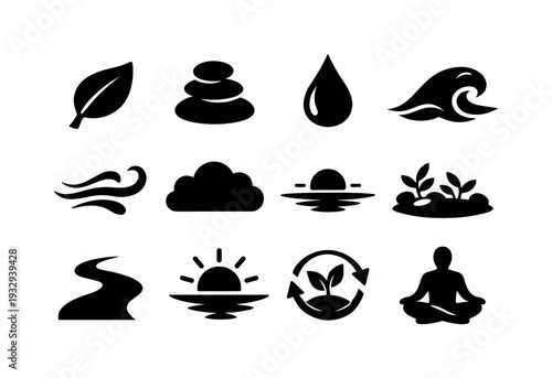 Solid vector icons of nature inspired calm: leaf, stone, waterdrop, wave, breeze, cloud, horizon, garden, path, sunlight, renewal