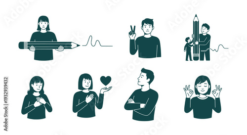 Creative Expression Teamwork Empathy Peace Love People Flat Vector Illustration Set