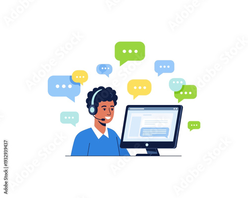 Friendly vector graphic illustration of a dedicated customer service agent wearing a headset, actively engaging in online chat support.