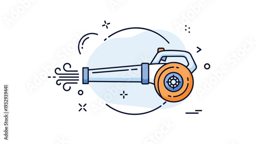 Colorful line art icon of a leaf blower machine with air blowing out and decorative graphic elements in background.