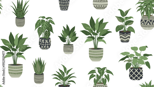 Seamless pattern of various potted indoor plants including monstera and snake plant in decorative pots for home decor designs.