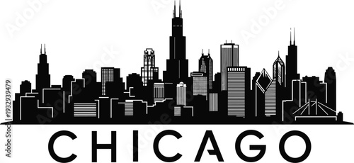 Chicago city skyline silhouette vector illustration with iconic skyscrapers and landmarks isolated on white background for travel and urban design themes.