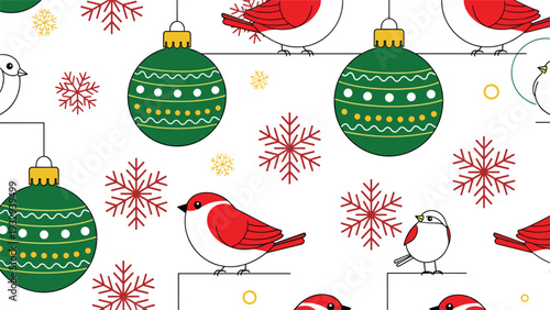 Festive seamless Christmas pattern featuring red and white birds perched on wires among green ornaments and red snowflakes.