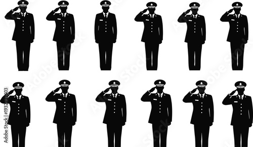 Black Silhouette Set of Military Officers Saluting People Sitting in Chairs Lounging on Floor and Standing Dairy Cow Vector Illustration