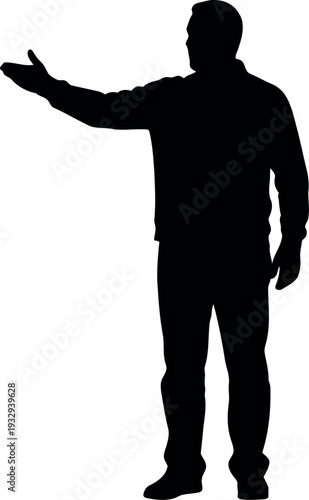 Silhouette of man gesturing with outstretched arm isolated on white background for presentations and design