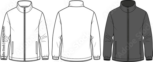Men's Full Zip Fleece Jacket Long Sleeve Technical Fashion Flat Sketch Illustration
