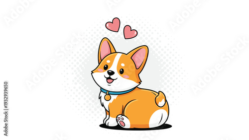Cute cartoon corgi dog sitting happily with pink hearts floating above its head on a white circular halftone background.