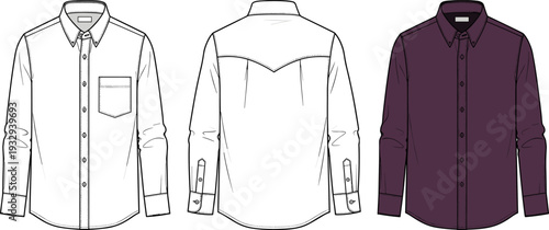 Men's Formal Long Sleeve Dress Shirt Fashion Flat Sketch and Technical Template Illustration
