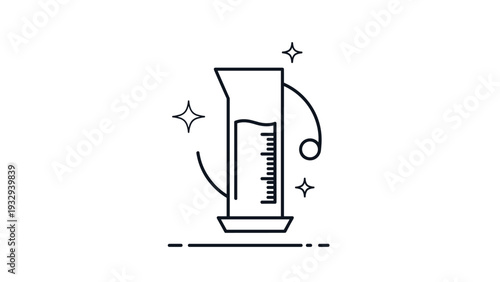 Minimalist line art icon of a graduated cylinder laboratory beaker with liquid and sparkling stars for science concepts.