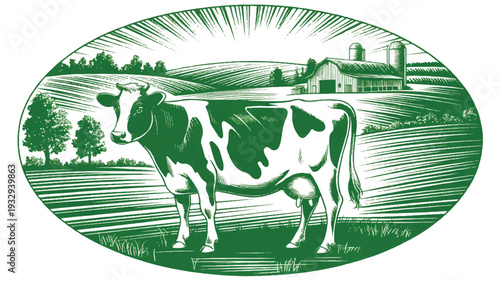 A woodcut-style illustration in green and black showing a Holstein dairy cow standing in a plowed field (1)_traced