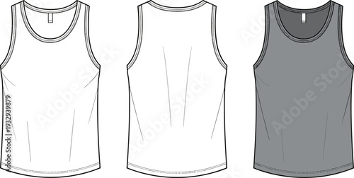 Mens Tank Top Technical Flat Sketch Vector, Front and Back View Sleeveless Shirt Design Flat