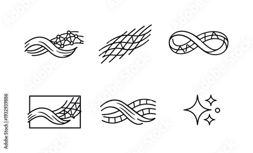 Line vector icons of a painting where human strokes and neural network strokes intertwine (man–machine weave): brush curve, NN