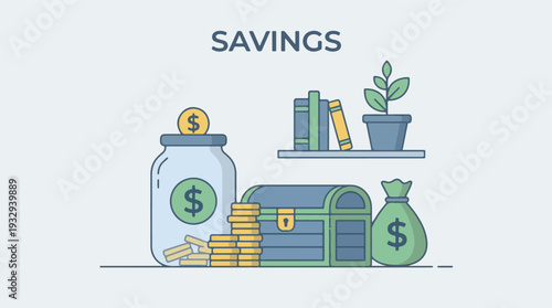 Financial Savings Concept Flat Illustration with Money Jar, Treasure Chest, and Coins