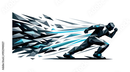 Storm Momentum Mastery. Low-poly vector illustration of a storm wind push breakthrough moment, figure planting feet firmly and
