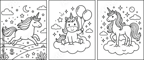 Cute Unicorn Coloring Pages Set Magical Fantasy Pony with Stars Clouds and Balloons Line Art Vector Illustration
