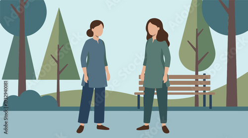 Two women in traditional attire standing in a minimalist park illustration