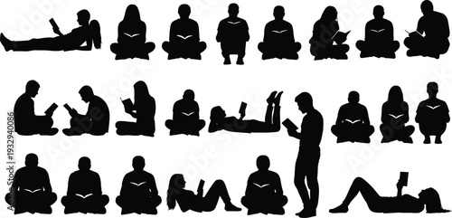 Black Silhouette Set of People Reading Books in Different Poses Isolated on White Background for Education and Literature Design Projects