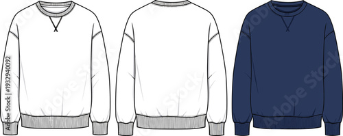 Oversized Sweatshirt Vector Template, Crewneck Pullover Technical Drawing, Flat Apparel Sketch