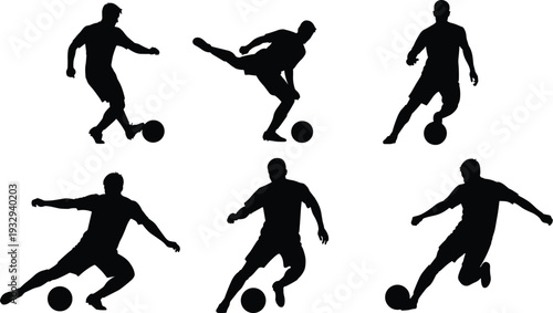 Collection of professional soccer player silhouettes performing various football actions like kicking dribbling shooting and passing the ball for sports design.