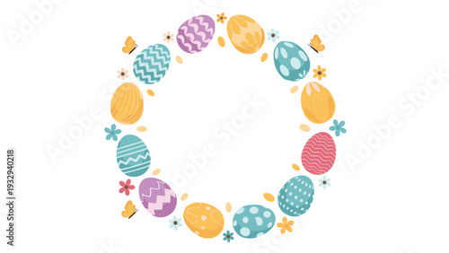Beautiful Easter wreath composed of decorated eggs in pastel colors surrounded by delicate flowers, butterflies, and golden leaves.