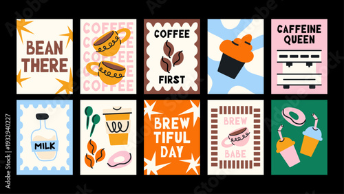 Cute Coffee Poster Set with Fun Typography – Bean There, Coffee First and Caffeine Queen Modern Cafe Wall Art
