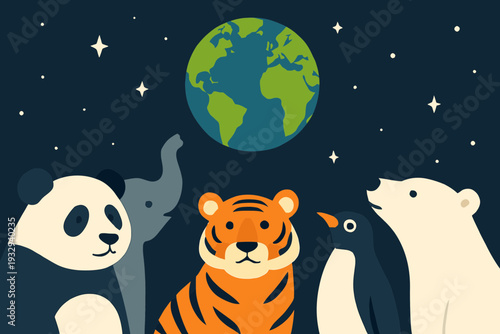 Group of animals standing together looking at Earth globe during Earth Hour night