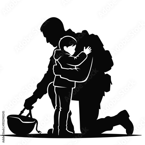 A powerful black silhouette capturing a soldier’s emotional homecoming, embracing a child in quiet strength—perfect for memorial posters, Veterans Day campaigns, patriotic prints & humanitarian deco