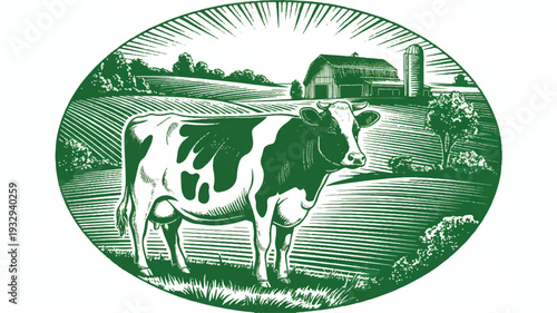 A woodcut-style illustration in green and black showing a Holstein dairy cow standing in a plowed field (2)_traced