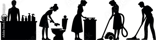 Vector Illustration of Diverse People Engaged in Household Chores Like Vacuuming, Cooking, and Mopping