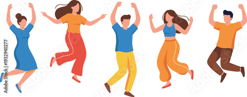 Happy Diverse Group of People Jumping and Dancing in Flat Vector Style Isolated on White Background Celebrating Success Freedom Joy and Positive Emotions