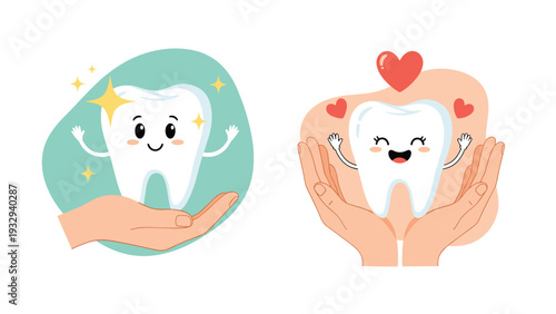 Pair of illustrations featuring happy cartoon teeth characters being carefully held in hands to promote dental health and hygiene.