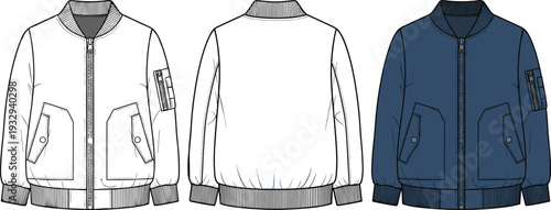 Unisex MA1 Bomber Jacket Fashion Flat Sketch and Technical Template Illustration